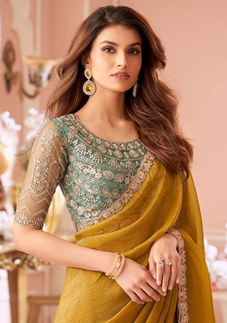 Mustard Georgette Saree Set with Printed for Diwali | Wedding & Festive Wear - Indya