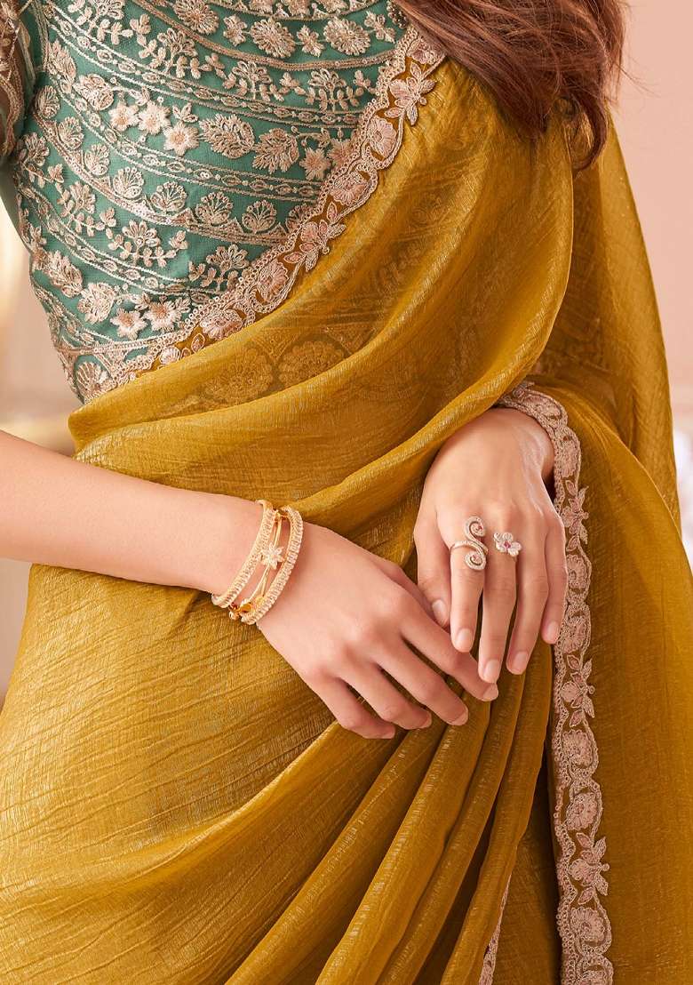 Mustard Georgette Saree Set with Printed for Diwali | Wedding & Festive Wear - Indya