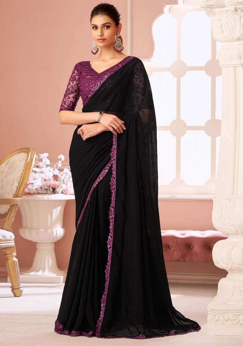 Black Georgette Saree Set with Printed for Diwali | Wedding & Festive Wear - Indya
