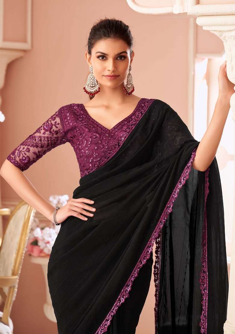 Black Georgette Saree Set with Printed for Diwali | Wedding & Festive Wear - Indya