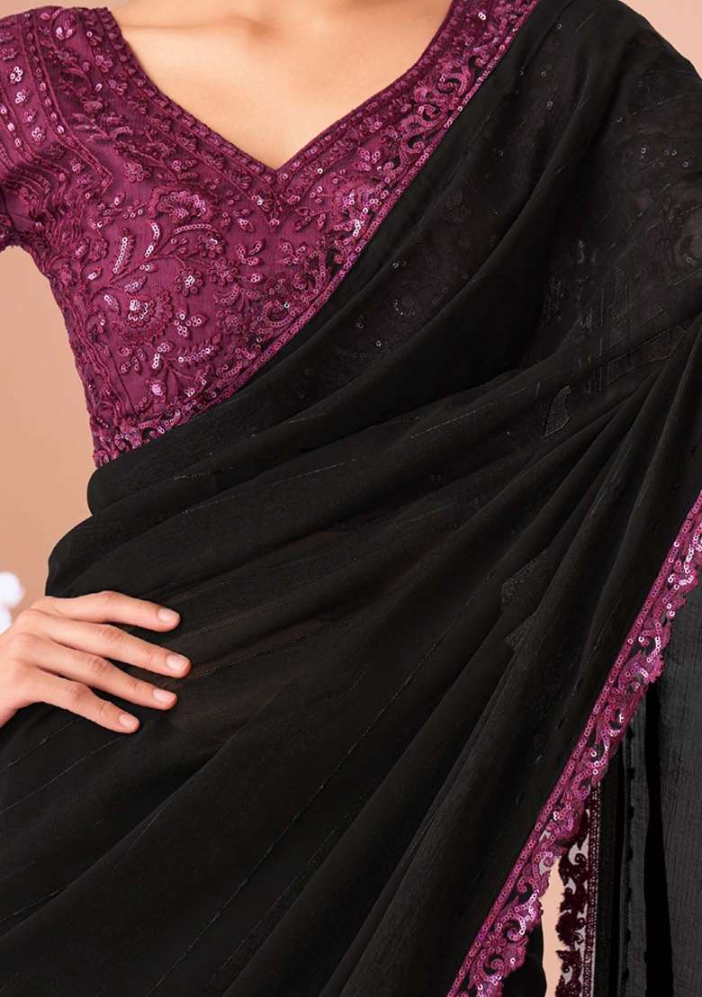Black Georgette Saree Set with Printed for Diwali | Wedding & Festive Wear - Indya