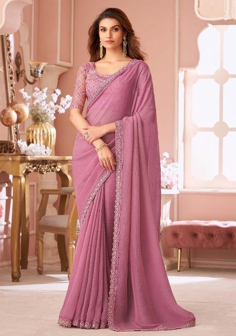 Mauve Printed Georgette Saree Set — view on Indya