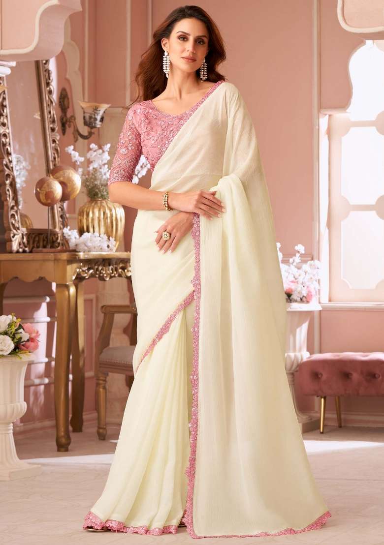 Off White Georgette Saree Set with Printed for Diwali | Wedding & Festive Wear - Indya