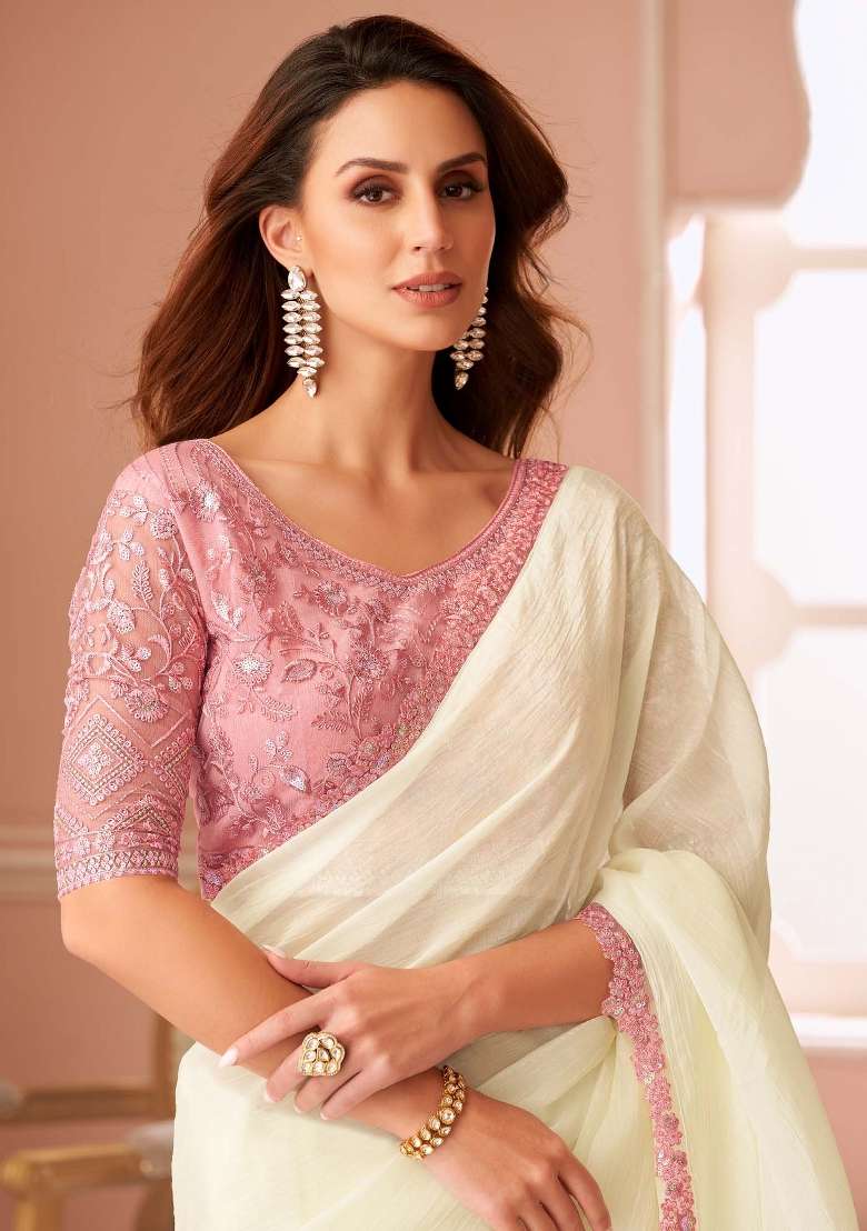 Off White Georgette Saree Set with Printed for Diwali | Wedding & Festive Wear - Indya