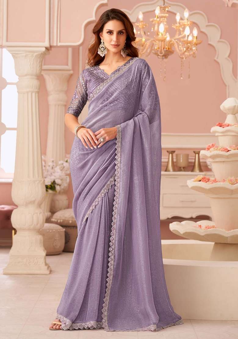 Lavender Printed Georgette Saree Set - Indya