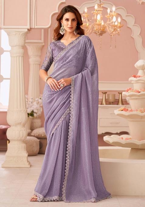 Lavender Printed Georgette Saree Set — view on Indya