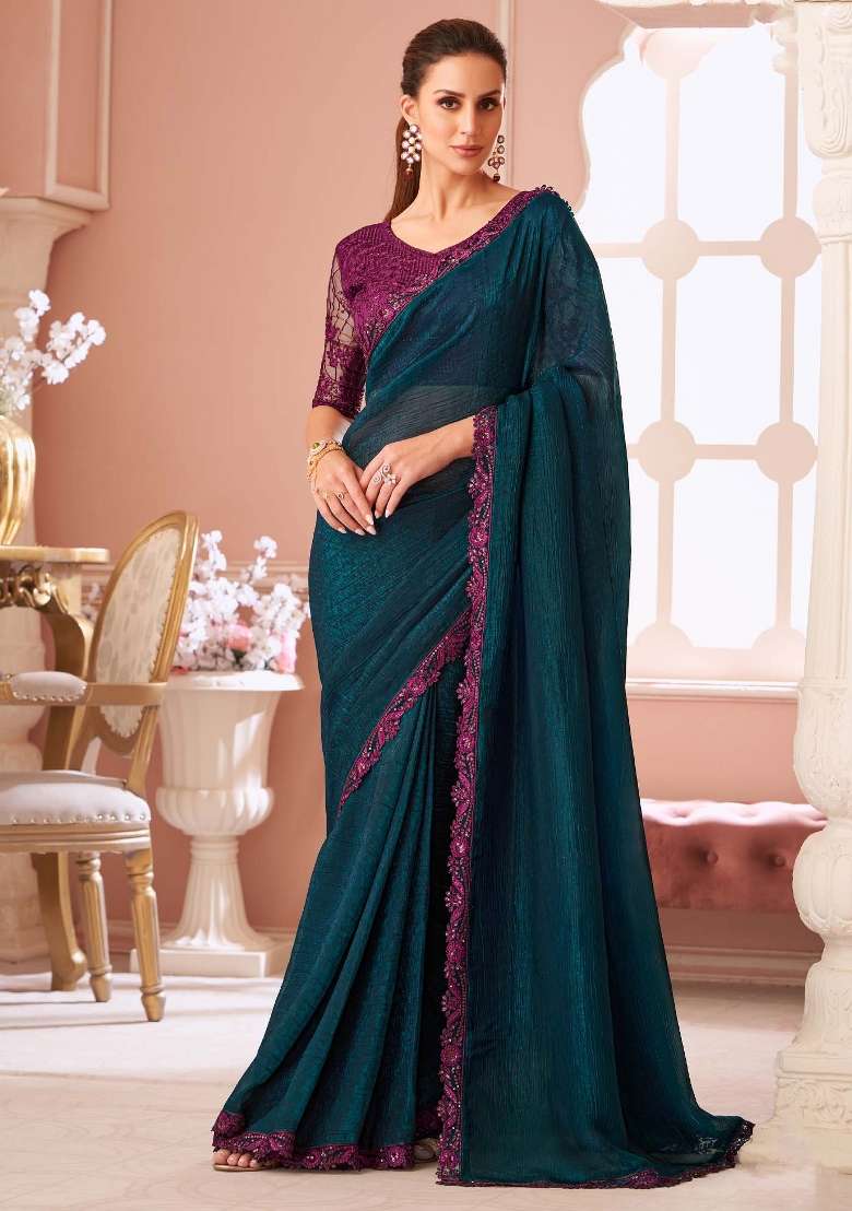 Teal Green Printed Georgette Saree Set for Diwali and Festive Wear - Indya