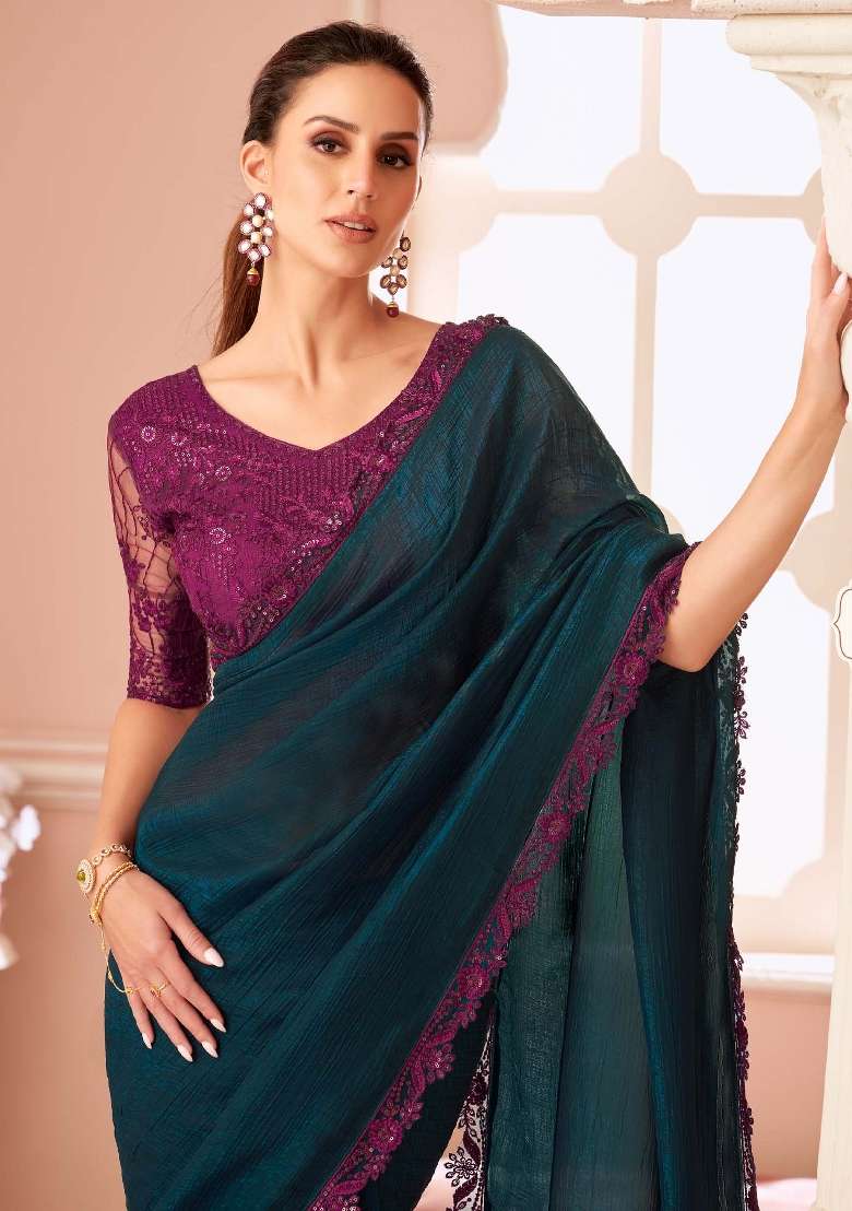 Teal Green Printed Georgette Saree Set for Diwali and Festive Wear - Indya