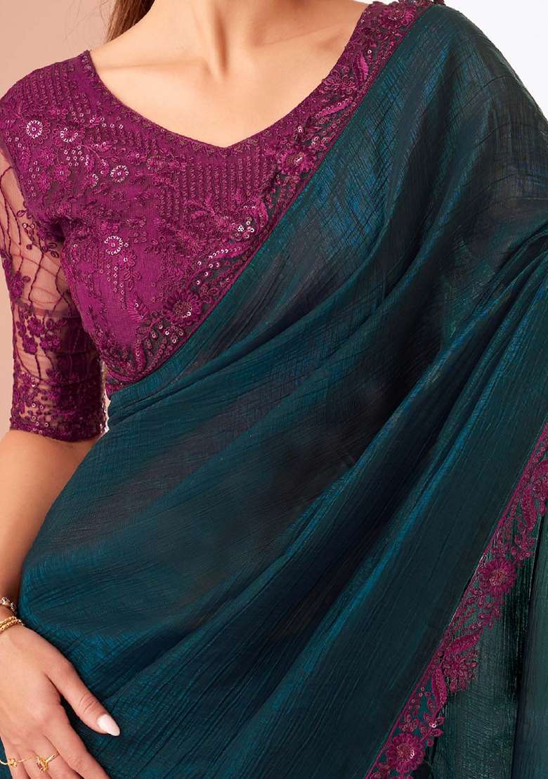 Teal Green Printed Georgette Saree Set for Diwali and Festive Wear - Indya