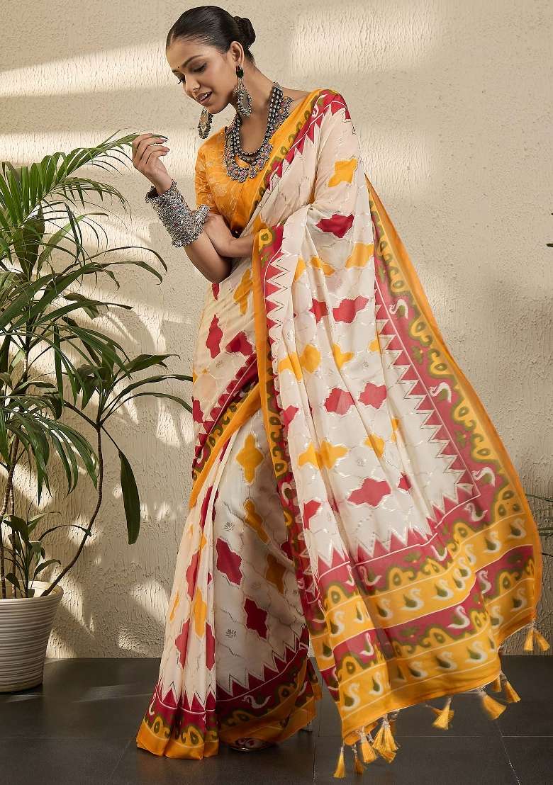 Off White Printed Georgette Saree Set - Indya