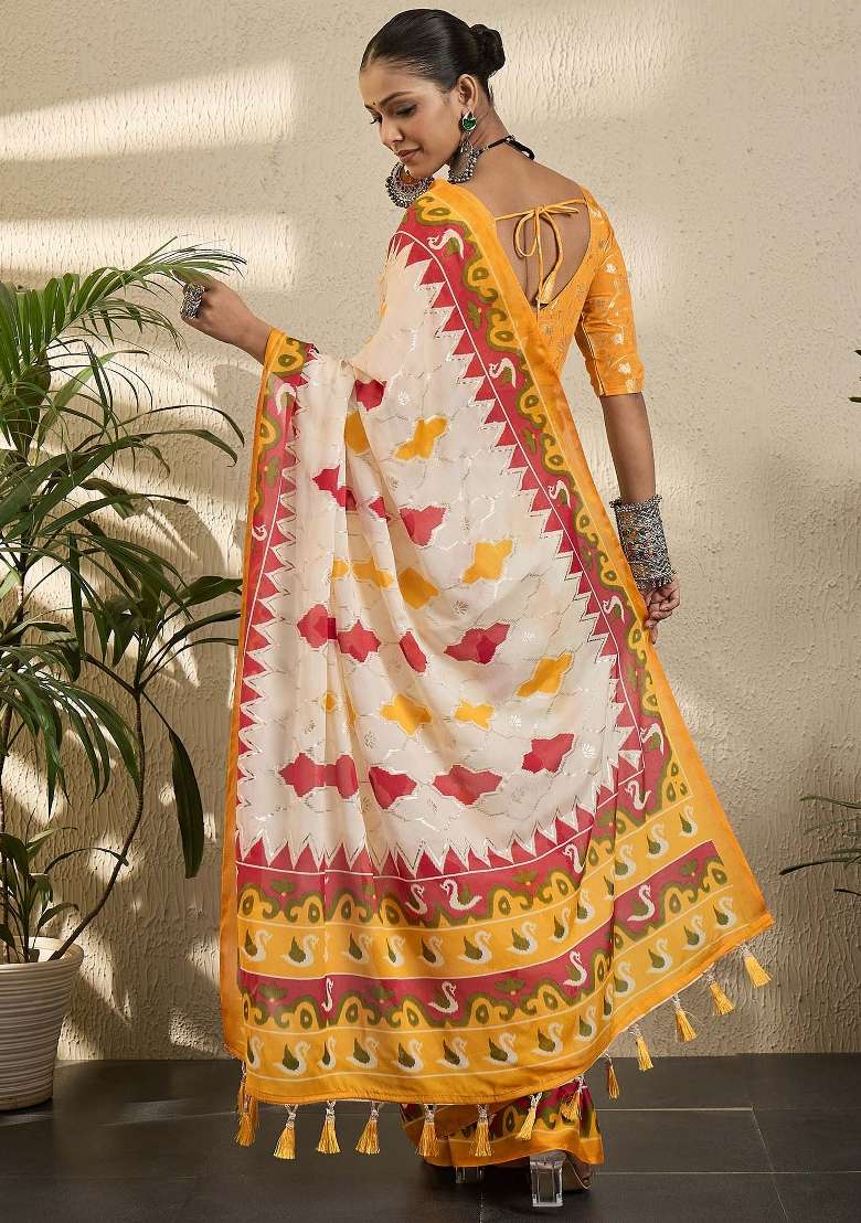 Off White Printed Georgette Saree Set - Indya