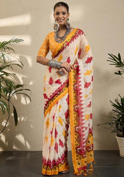 Off White Printed Georgette Saree Set — view on Indya