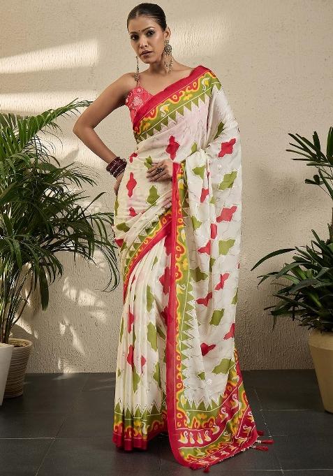 Off White Printed Georgette Saree Set — view on Indya