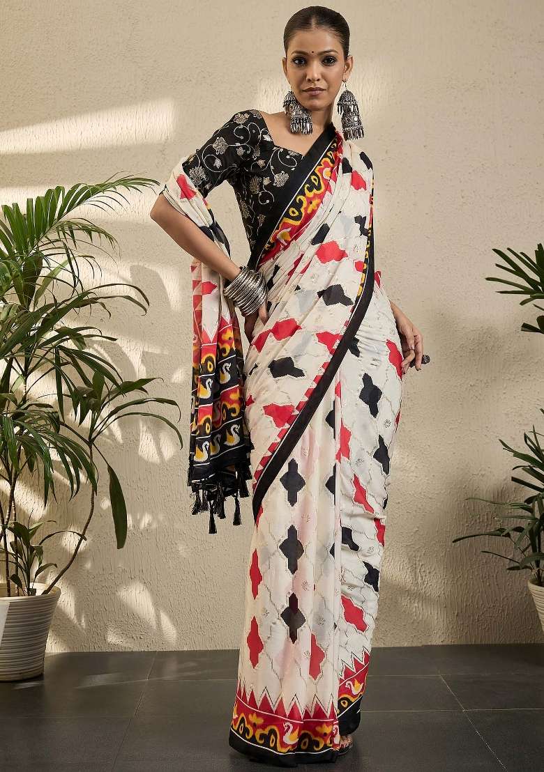 Off White Printed Georgette Saree Set - Indya