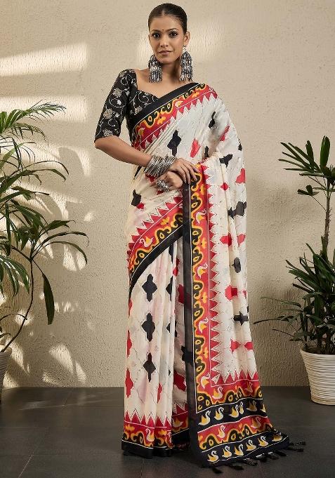 Off White Printed Georgette Saree Set — view on Indya