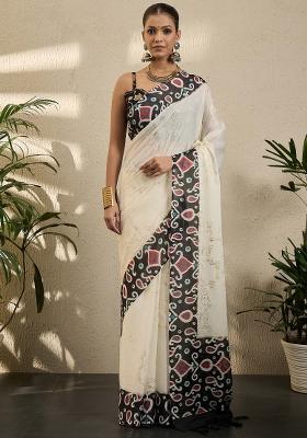 Cream Printed Georgette Saree Set