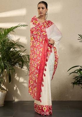 Cream Printed Georgette Saree Set