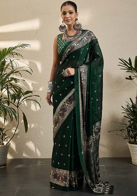 Green Printed Georgette Saree Set — view on Indya