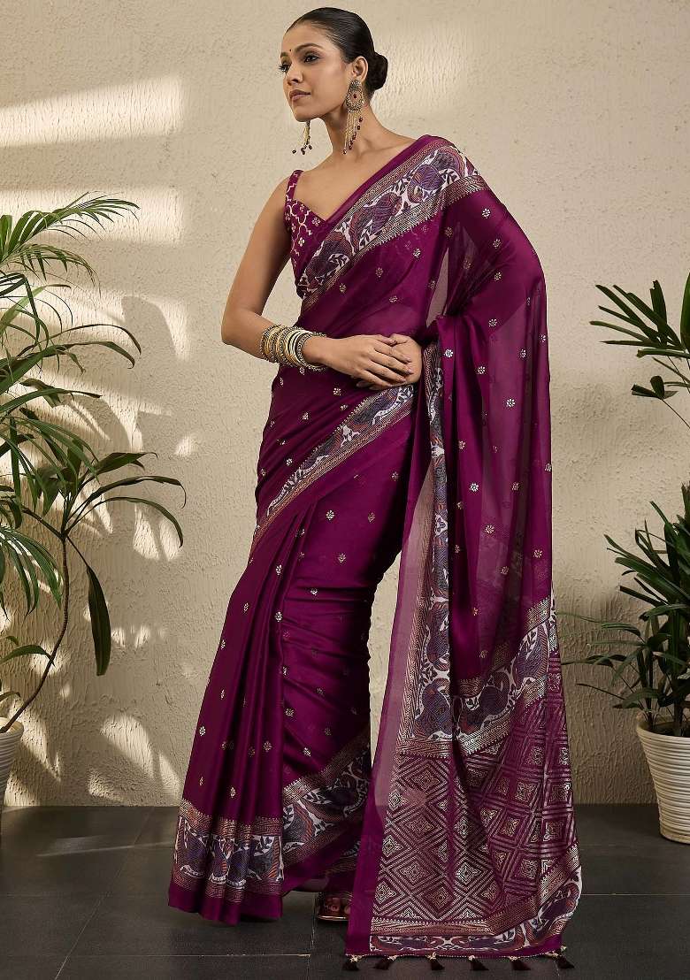 Magenta Printed Georgette Saree Set - Indya
