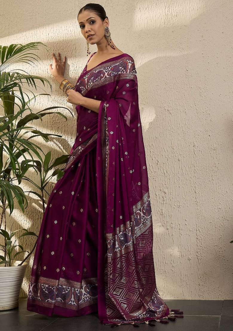 Magenta Printed Georgette Saree Set - Indya