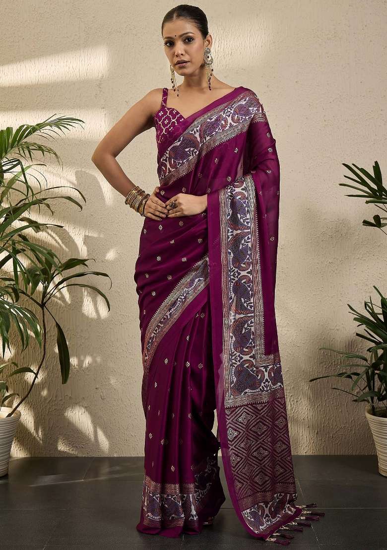 Magenta Printed Georgette Saree Set - Indya