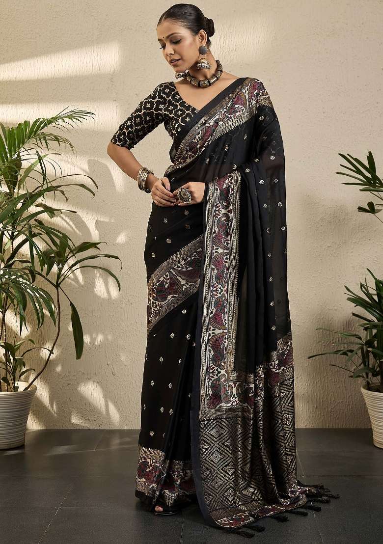 Black Printed Georgette Saree Set - Indya