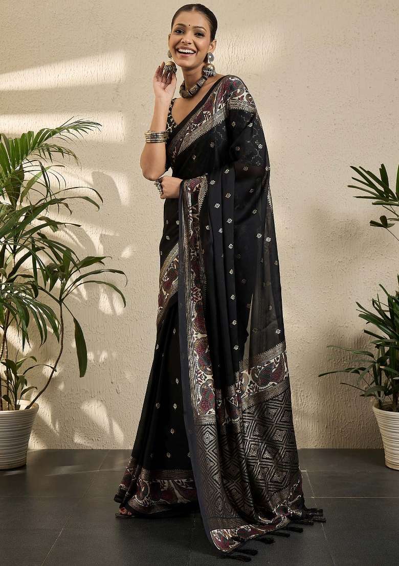 Black Printed Georgette Saree Set - Indya