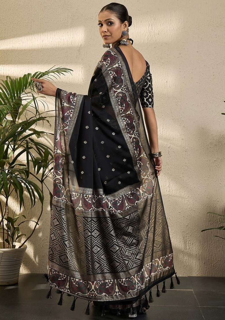 Black Printed Georgette Saree Set - Indya