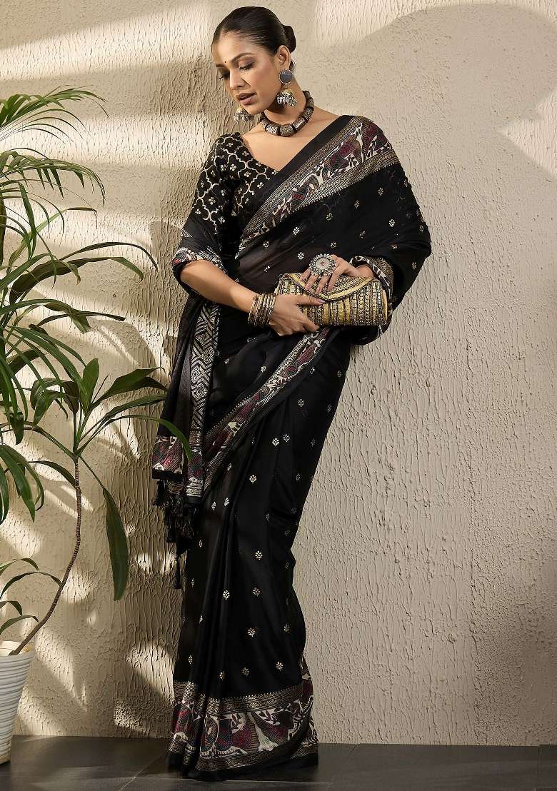 Black Printed Georgette Saree Set - Indya