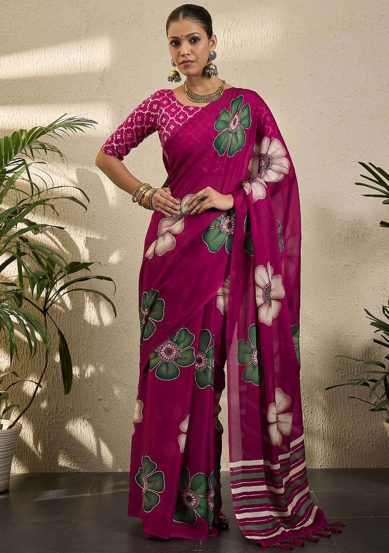 Magenta Printed Georgette Saree Set - Indya