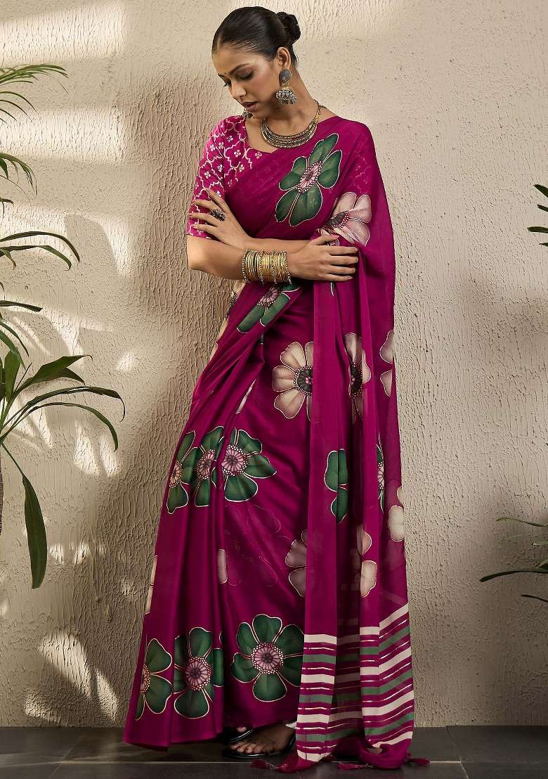 Magenta Printed Georgette Saree Set - Indya