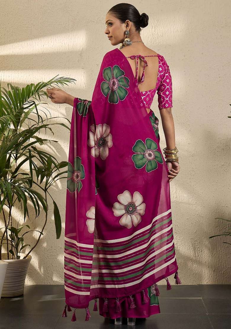 Magenta Printed Georgette Saree Set - Indya