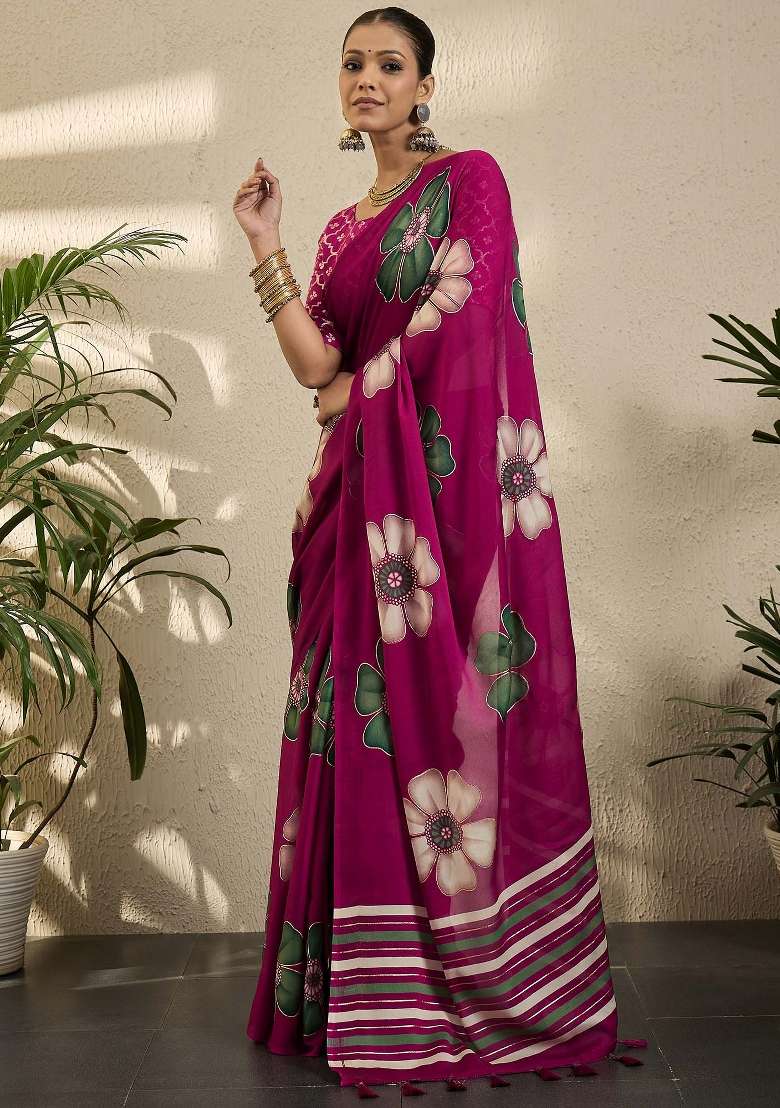 Magenta Printed Georgette Saree Set - Indya