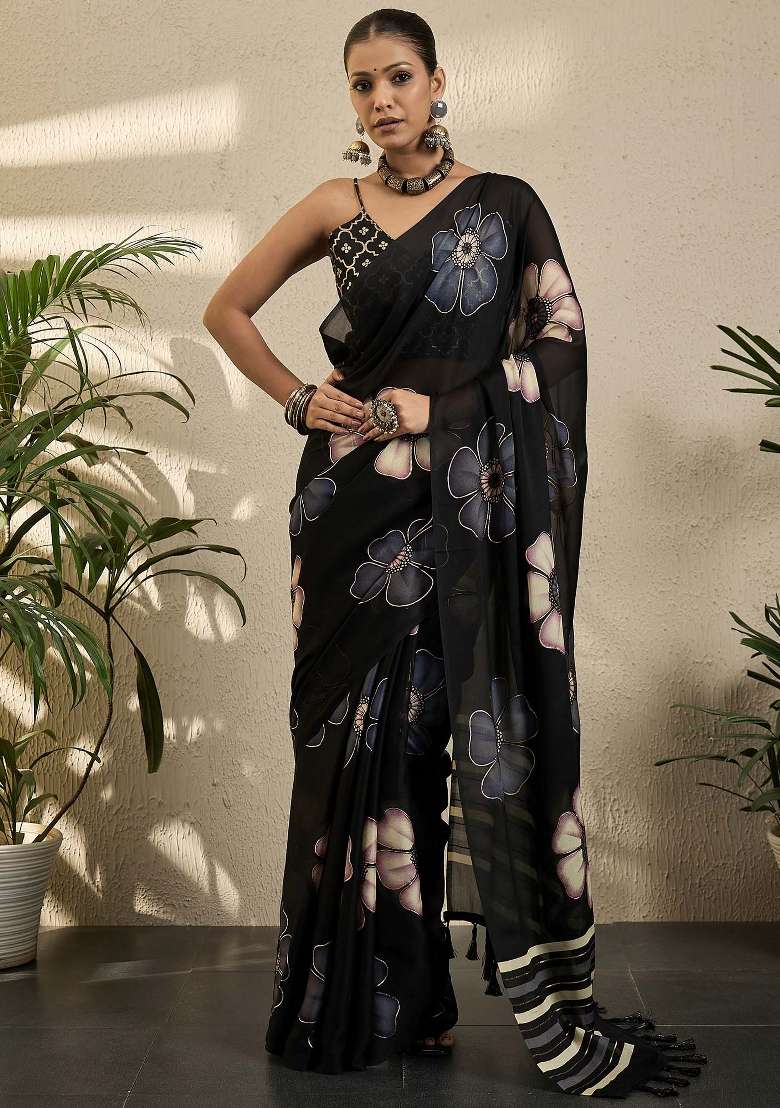 Black Printed Georgette Saree Set - Indya