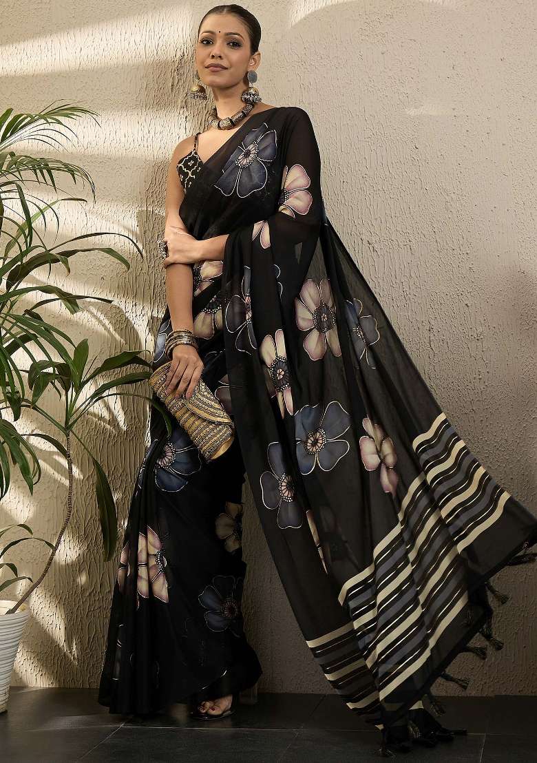 Black Printed Georgette Saree Set - Indya