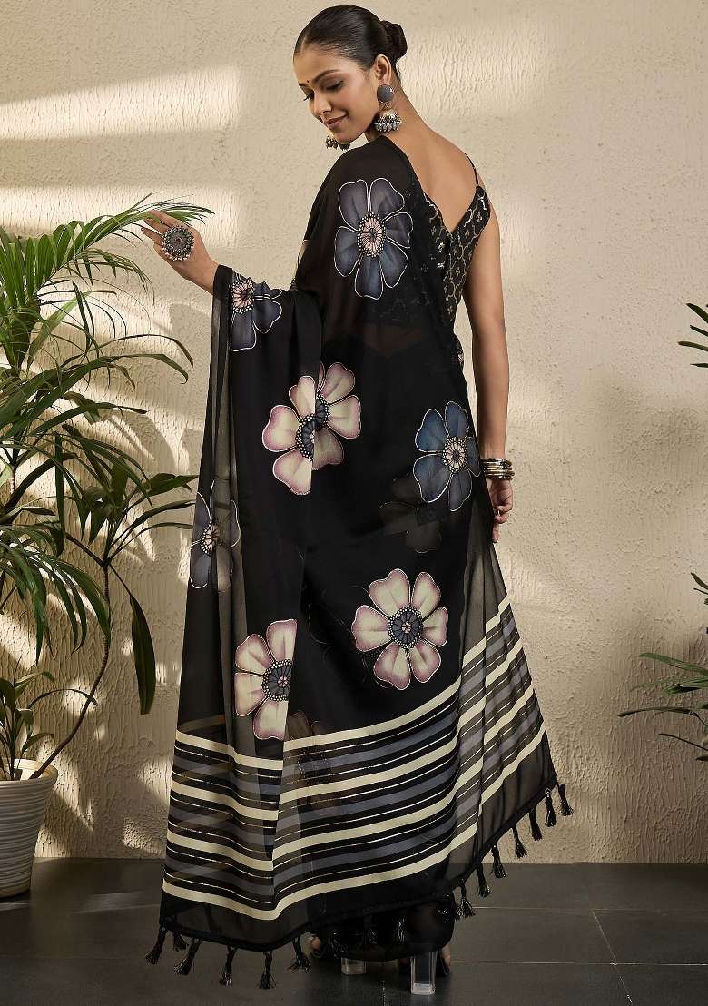 Black Printed Georgette Saree Set - Indya