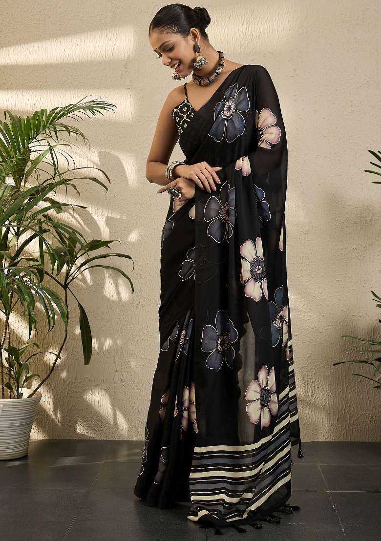 Black Printed Georgette Saree Set - Indya