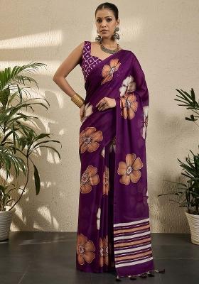 Purple Printed Georgette Saree Set