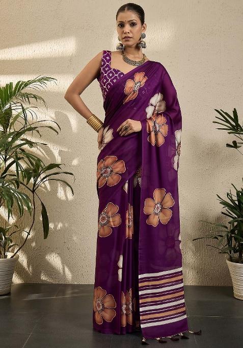 Purple Printed Georgette Saree Set — view on Indya