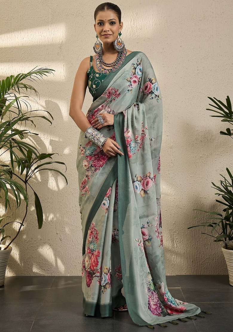Grey Printed Georgette Saree Set - Indya