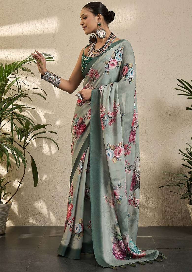 Grey Printed Georgette Saree Set - Indya