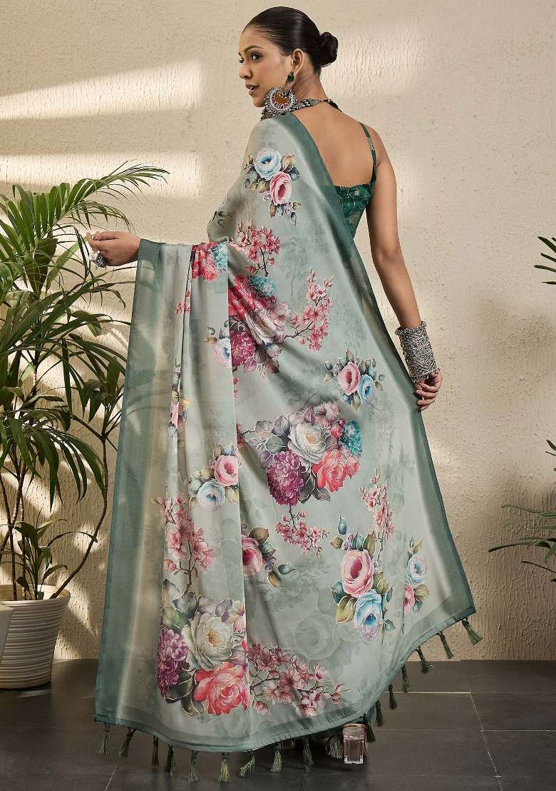 Grey Printed Georgette Saree Set - Indya