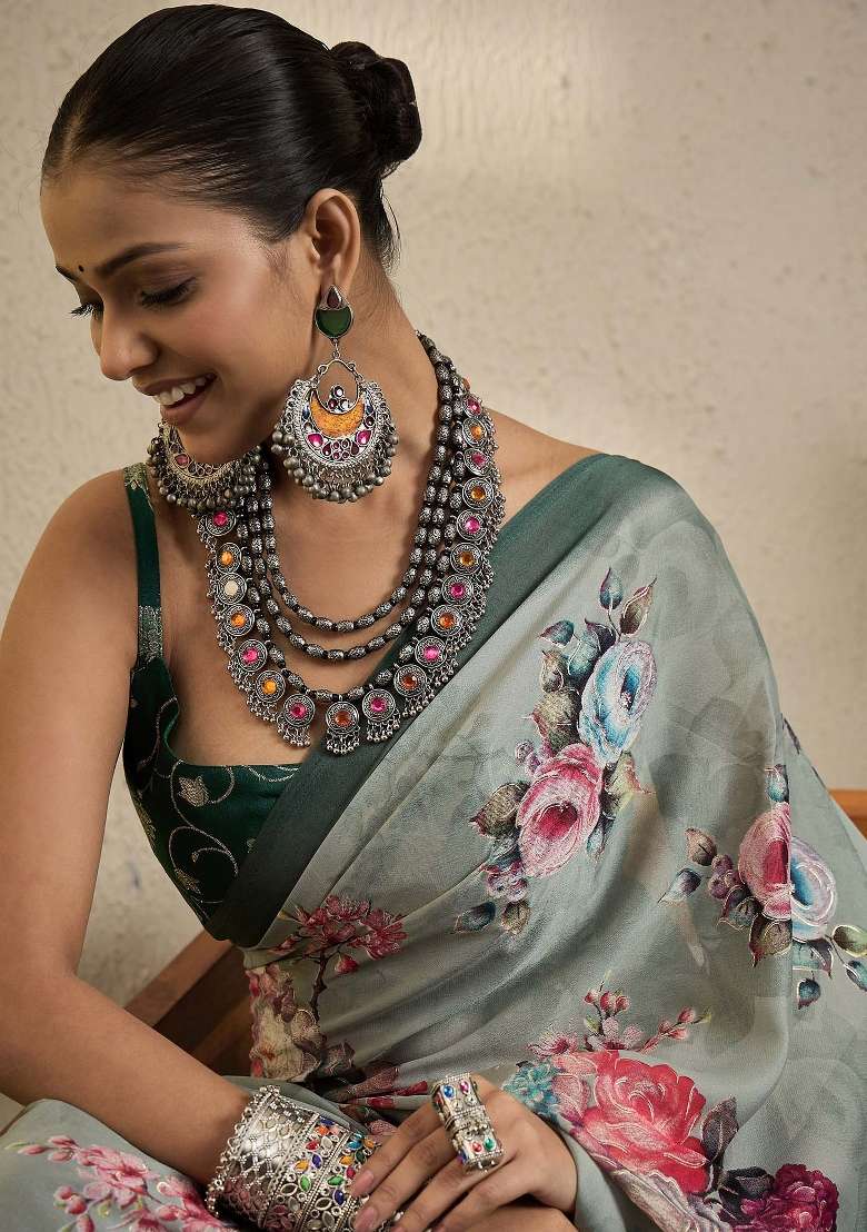 Grey Printed Georgette Saree Set - Indya