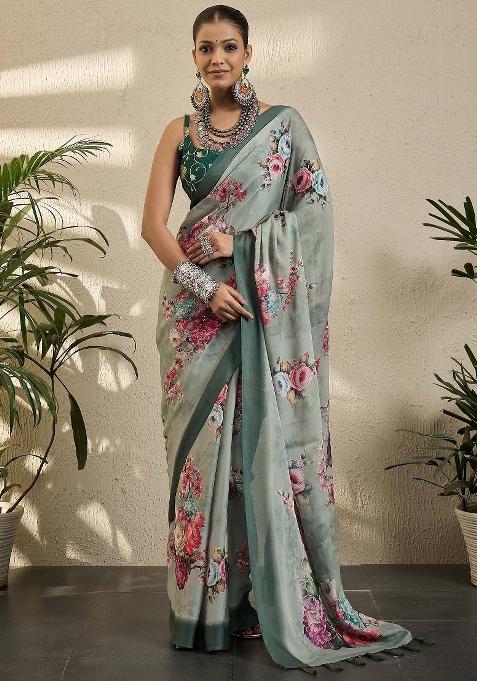 Grey Printed Georgette Saree Set — view on Indya