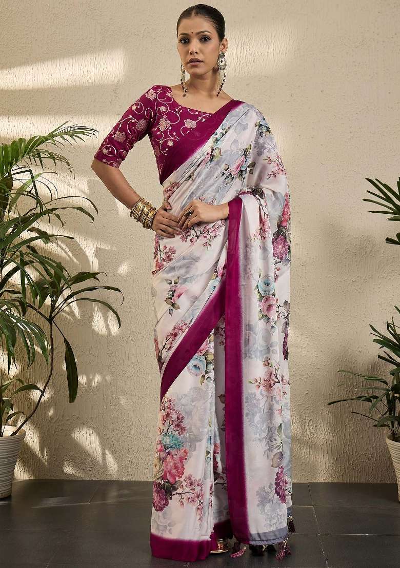 Off White Printed Georgette Saree Set - Indya