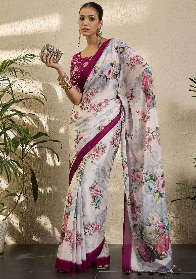 Off White Printed Georgette Saree Set - Indya