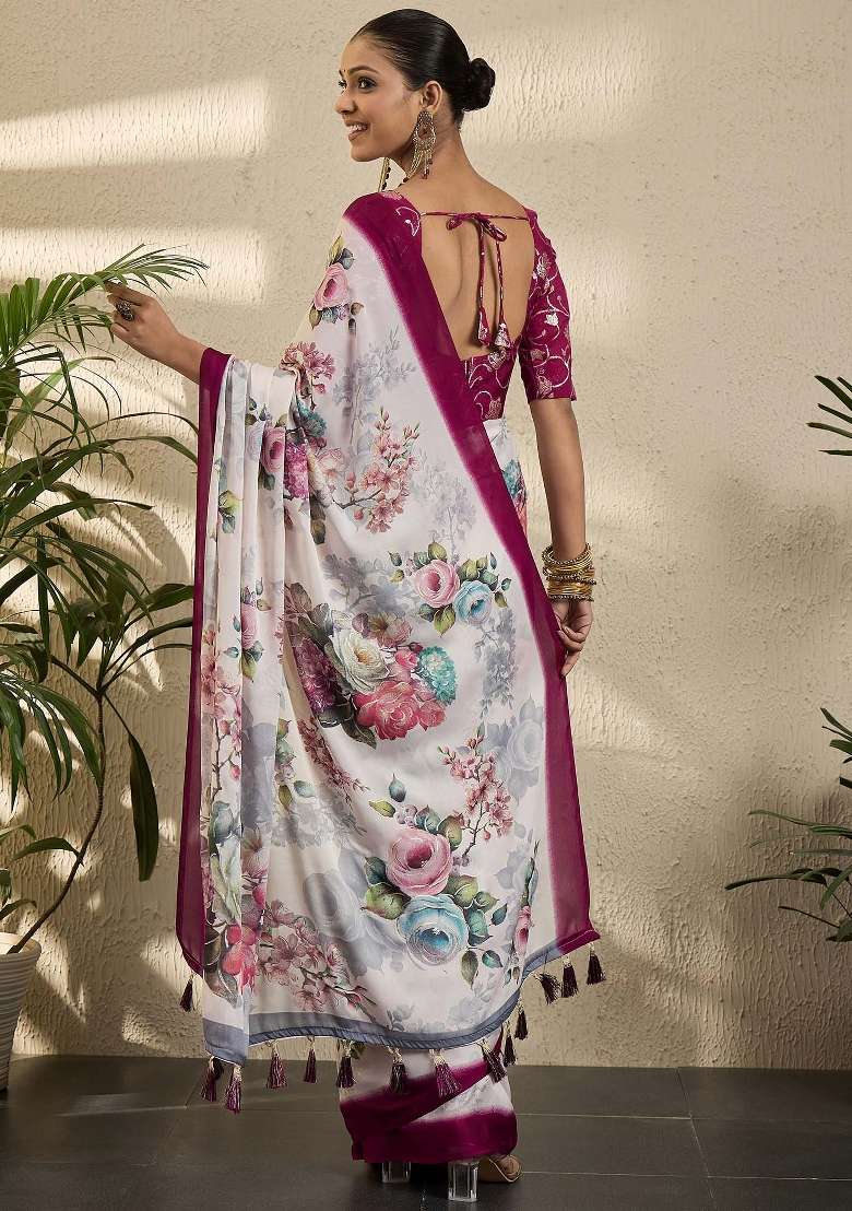Off White Printed Georgette Saree Set - Indya