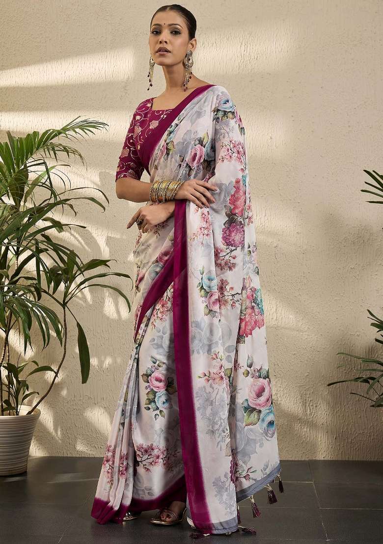 Off White Printed Georgette Saree Set - Indya