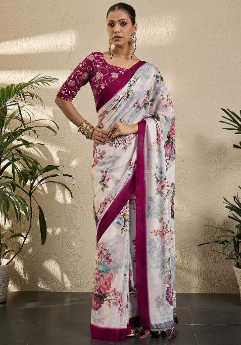 Off White Printed Georgette Saree Set — view on Indya