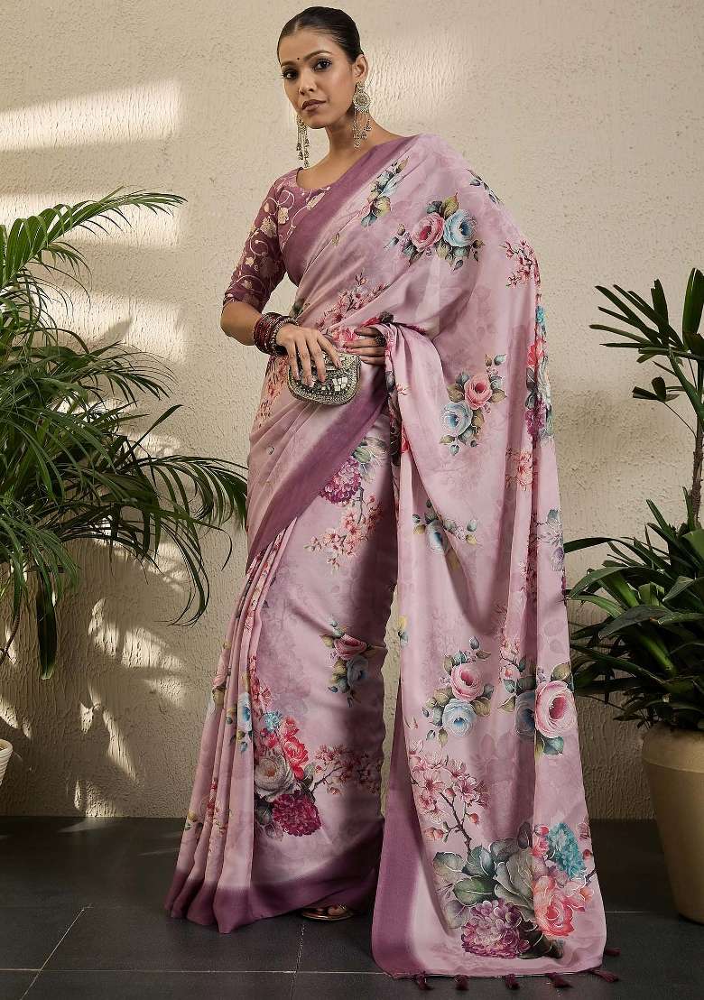 Mauve Printed Georgette Saree Set - Indya